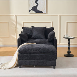 Set Divano a Due Posti in Ciniglia Nera con Cuscini Morbidi, Pouf e Gambe in Legno Regolabili e Resistenti, Seduta Moderna e Confortevole per Soggiorno e Camera da Letto - Product Image 2