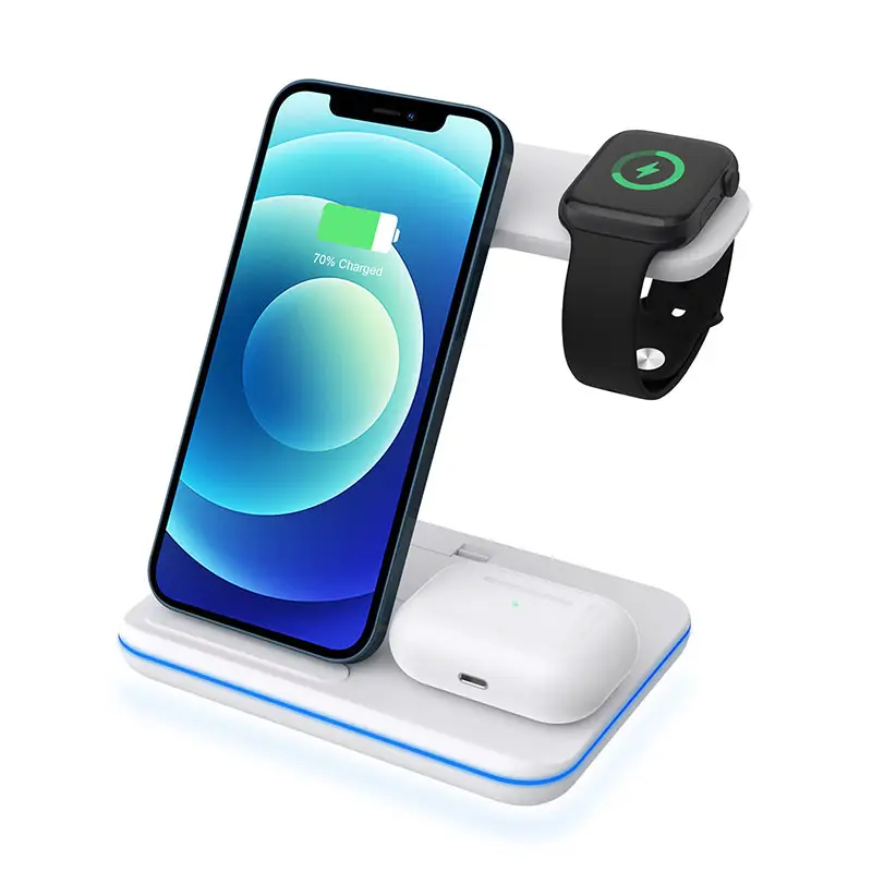 3 in 1 One 15 W Watt Power Bank Station 3 in1 15 W Fast 3in1 Qi Led supporto per caricabatterie Wireless per Iphone 12 Airpods Smartwatch