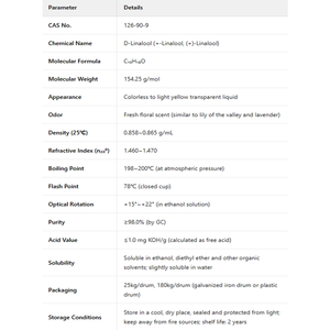 D-linalol/<span class=keywords><strong>Dextro</strong></span>-linalol de qualité alimentaire, matière première de haute pureté, prix de gros, teneur de 99 %, CAS 126-90-9 - Product Image 3
