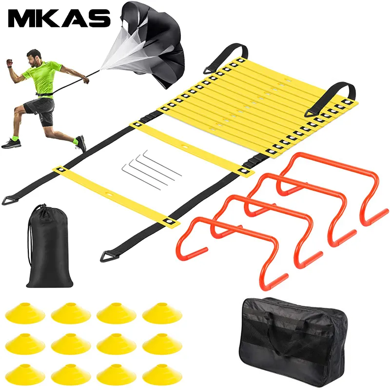 MKAS-Juego de equipo de entrenamiento de velocidad para fútbol, escalera de agilidad, 12 conos de fútbol, 4 vallas, para correr, paracaídas, escalera de agilidad