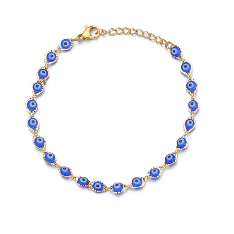BES Waterproof stainless steel high quality minimalist gold plated blue evil eyes bracelets bead chain bangle