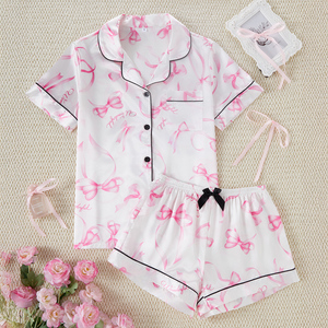 Pyjama court en <span class=keywords><strong>satin</strong></span> pour femme, <span class=keywords><strong>imprimé</strong></span>, en <span class=keywords><strong>soie</strong></span> artificielle, ensemble <span class=keywords><strong>de</strong></span> pyjama en polyester pour femme - Product Image 1