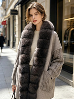 Janveny 2026 Nouvelle Veste Cardigan en Cachemire Tricoté pour Femme, Mélange de Laine de Luxe, Vraie Grande Fourrure de Renard, Manches Chaudes, Coupe Oversize