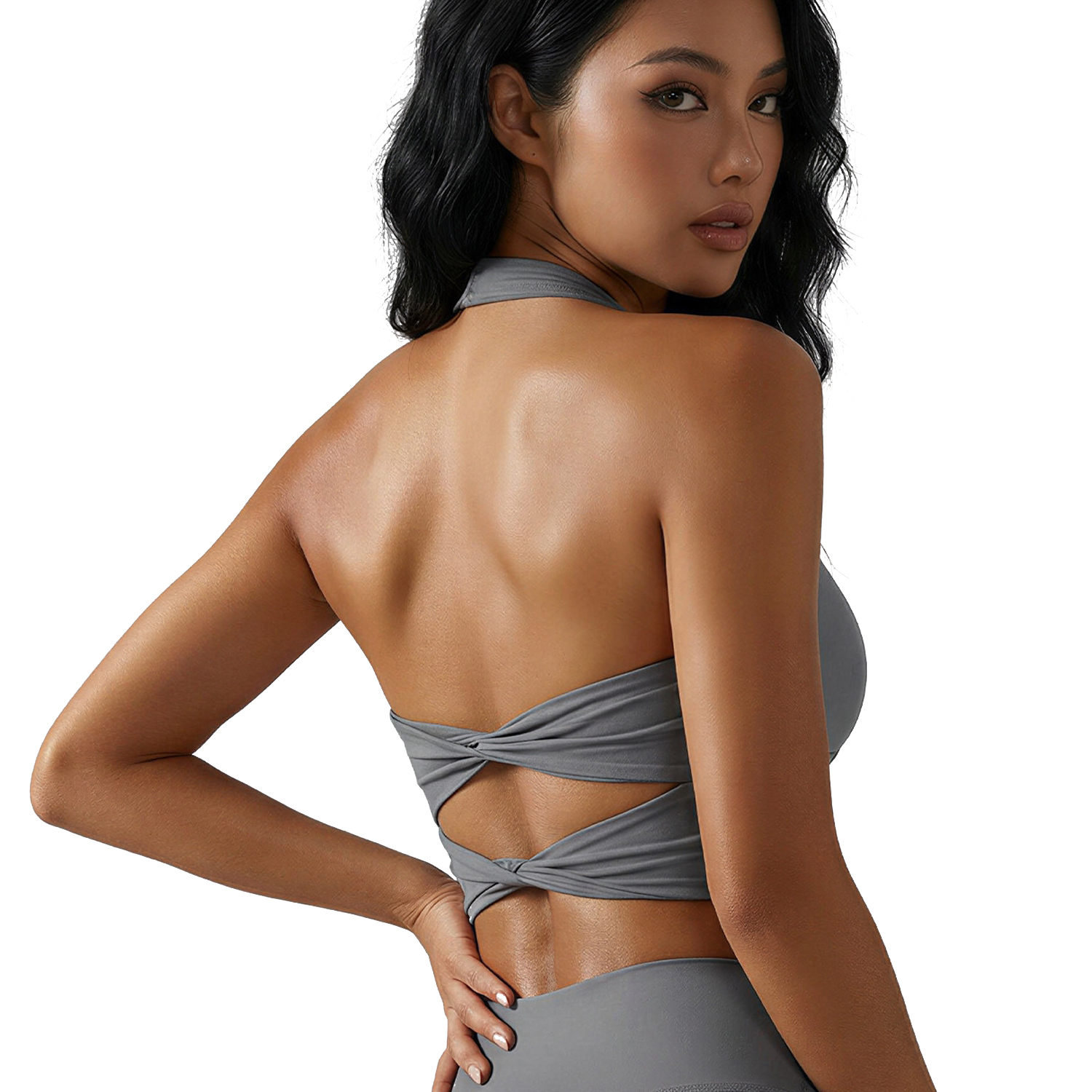 High Elastic Four-Way Stretch Breathable Lightweight Knotted Halter Sports Bra Fixed Cup Yoga Tank Top Front Logo for Women