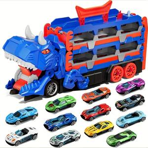 Piste de course pour les tout-petits 3-5 Transporter Truck Toys se transforme en Dino Truck avec 12 voitures Dinosaur Track Cars Toys for Boys - Product Image 1