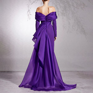 Gaun Malam Formal Wanita Elegan ZYHT 73470, Gaun Maxi Satin Ungu Custom Made dengan Detail Off-Shoulder, Lengan Panjang, Belahan, dan Ruffle yang Chic - Product Image 2