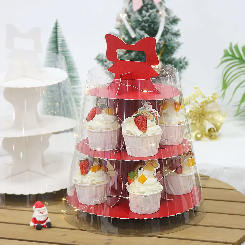 Hochwertiger roter runder Karton 3-lagiger Dessert-Kuchen-Cupcake-Ständer mit transparentem und Papier bezug für Party und Hochzeit