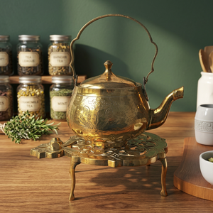 <b>Vintage</b> Brass Tea <b>Kettle</b> With Lid Metal Handle Ornate Design Stand Included - Product Image 5