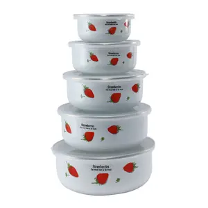 Best selling Decal high quality 5pcs enamel ice bowl container enamelware storage bowl set with plastic lid