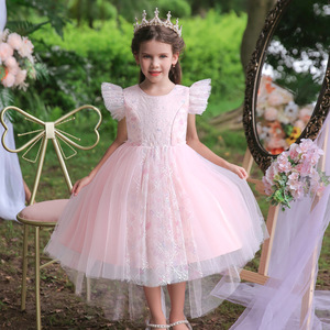 Robe de princesse pour filles, en tulle rose, à manches courtes, tenue de demoiselle d'honneur pour fête d'anniversaire - Product Image 1