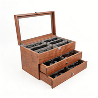 Boîte à lunettes en bois de noyer, organiseur de rangement pour lunettes avec couvercle en verre transparent, tiroirs coulissants, compartiments multiples