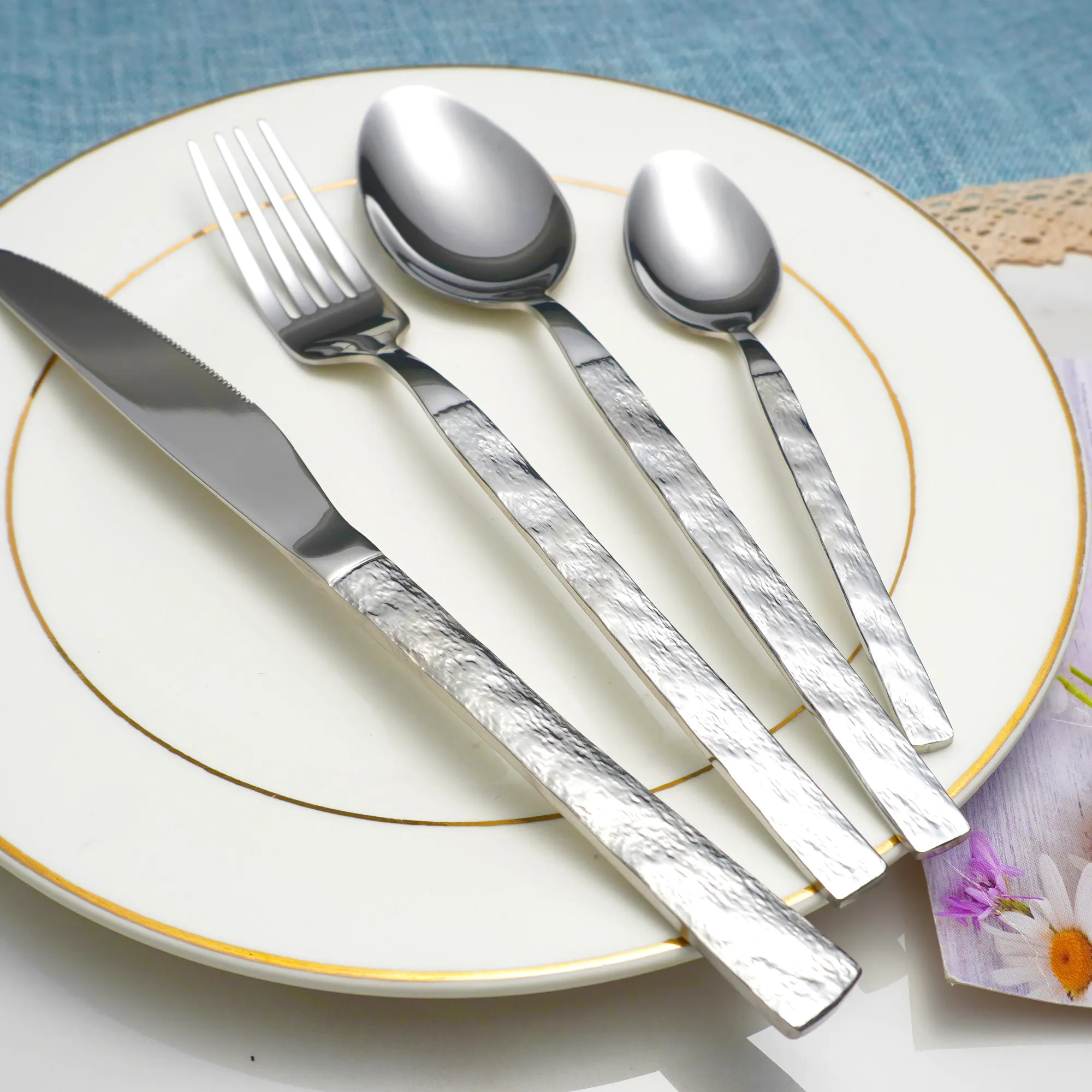 Wholesale Stone Pattern Silverware Stainless Steel Knife Fork And Spoon Flatware Silver Cutlery Set For Wedding