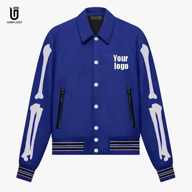 Custom Logo Printing Zipper Pockets Bones Embroidered Snap Button Baseball Bomber Men Varsity Jackets