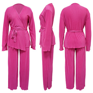 เสื้อคาร์ดิแกนคอวีผูกโบว์ แขนยาว กางเกงขายาวทรงหลวม ชุดเซ็ต 2 ชิ้น ดีไซน์จีบ สำหรับผู้หญิง สไตล์ลำลอง แฟชั่น - Product Image 5