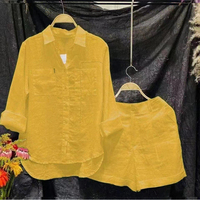 Ensemble Deux Pièces Femme 2025 : Tenue Décontractée et Tendance, Chemise Manches Longues Coton Lin Couleur Unie et Short Court