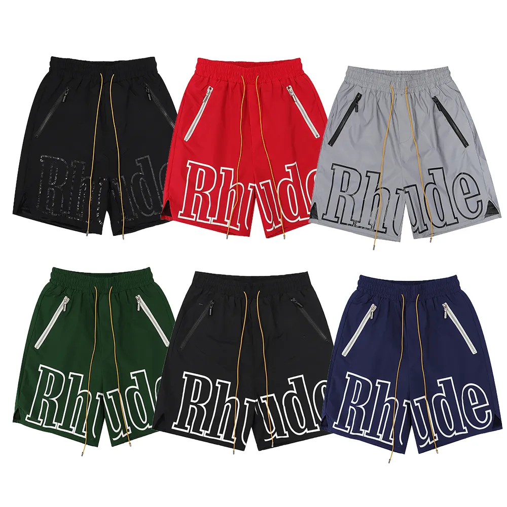 2022 Summer Rhude Shorts Grey 3M Reflective-Coated Pill Zipper Short Pants Pull Rope Sports Boxing Men's Elastic Waist Shorts