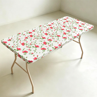 Nappe jetable en PEVA à motif floral rouge, housse de table en plastique ajustée avec bord élastique, imperméable et anti-taches pour fête d'anniversaire
