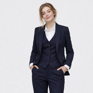 <b>Women</b>’s Premium Navy <b>Pinstripe</b> Three Piece Suit Set – Tailored Blazer with Matching Vest Waistcoat and Straight Fit <b>Trousers</b> - Product Image 1