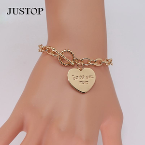 Pulsera de Moda para Mujer con Dijes Religiosos, Dijes Geométricos Grabados en Forma de Corazón, Chapado en Oro de 18K, Ágata Ecológica - Product Image 3