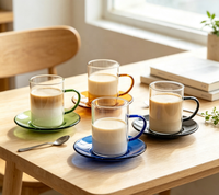 Ensemble de tasses à café en verre borosilicate transparent avec poignée colorée, résistantes à la chaleur, et soucoupes transparentes pour la maison et le thé
