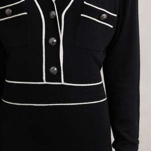 <span class=keywords><strong>Robe</strong></span> midi élégante <span class=keywords><strong>noire</strong></span> en maille pour femme, col en V, passepoil contrastant, manches longues, style <span class=keywords><strong>pull</strong></span> moulant - Product Image 2