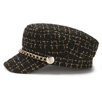 Gorro de Mujer para Otoño e Invierno, Cálido, Plano, con Cadena, Diseño a Cuadros, Estilo Japonés y Coreano, Moderno, Versátil y Transpirable