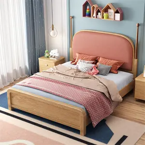 Rumah Cina kayu padat Modern tidur mewah pelangi tempat tidur kepala tempat tidur kayu anak untuk anak perempuan merah muda dilengkapi tempat tidur anak-anak indah
