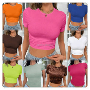 <span class=keywords><strong>Camiseta</strong></span> Corta de Algodón Acordonado de Moda de Alta Calidad, <span class=keywords><strong>Camiseta</strong></span> Corta Informal de Verano para Mujer, Estampada, Elástica, para Mujer - Product Image 6