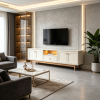 Meuble TV Minimaliste Mid-Century Personnalisé avec Portes à Panneaux Encastrés, Étagère Ouverte Éclairée, Boutons en Bois et Pieds Coniques pour Appartement
