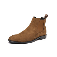 Sepatu Chelsea Kulit Suede Sapi Asli, Sepatu Ankle Boots Slip On dengan Sisi Elastis dan Tarikan, Sol Hitam, Sepatu Kulit Suede Kasual