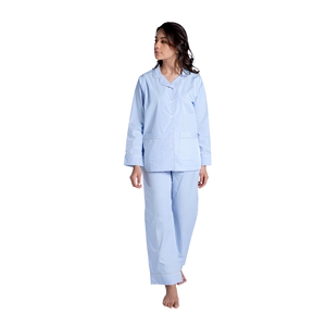 Conjunto de Pijama de Popelina de Algodón Azul Claro para Mujer, Manga Larga, Cuello Clásico, Dos Piezas, Ropa de Dormir - Product Image 1