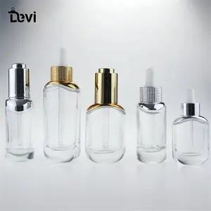 Clear Cosmetische 30Ml Flat Schouder Serum Etherische Olie Fles Dropper Fles Met Goud Zilver Cap