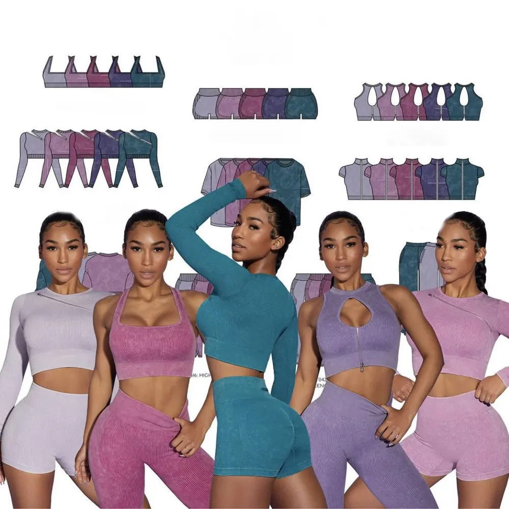 Vêtements actifs 7 pièces sport Yoga fermeture éclair haut ensembles d'entraînement pour les femmes vêtements de sport Gym Fitness ensemble