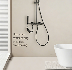 Système de douche gris anthracite 4 fonctions avec bouton poussoir, robinet thermostatique, jets de pluie et doux, fixation murale et douchette à main - Product Image 4