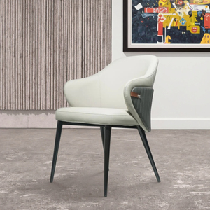 <span class=keywords><strong>Chaise</strong></span> de salle à manger moderne haut de gamme, revêtement <span class=keywords><strong>en</strong></span> <span class=keywords><strong>cuir</strong></span> beige et gris avec pieds <span class=keywords><strong>en</strong></span> métal noir, <span class=keywords><strong>chaise</strong></span> d'appoint de luxe pour salle à manger - Product Image 1