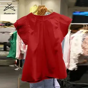 Blusa de chifón de manga corta para verano, Camisa lisa de talla grande para mujer, Color liso