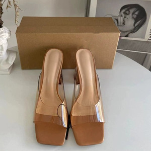 Sandales à talons hauts transparentes en PVC à bout carré et bride unique pour femmes, sandales mules à talon épais en cristal - Product Image 2