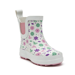 Stivali da Pioggia Chelsea in <span class=keywords><strong>Gomma</strong></span> per Bambine, Produzione OEM ODM, Bianchi con Stampa Floreale e Uccelli, Impermeabili, Slip-on, <span class=keywords><strong>Stivaletti</strong></span> Corti per Bambini - Product Image 1
