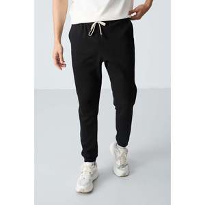 Air Jones Men's Ecru <b>Black</b> Cotton Blend Thick Soft Oversize Fit Basic Tracksuit Set with Double Face Interlock Fabric - Product Image 2