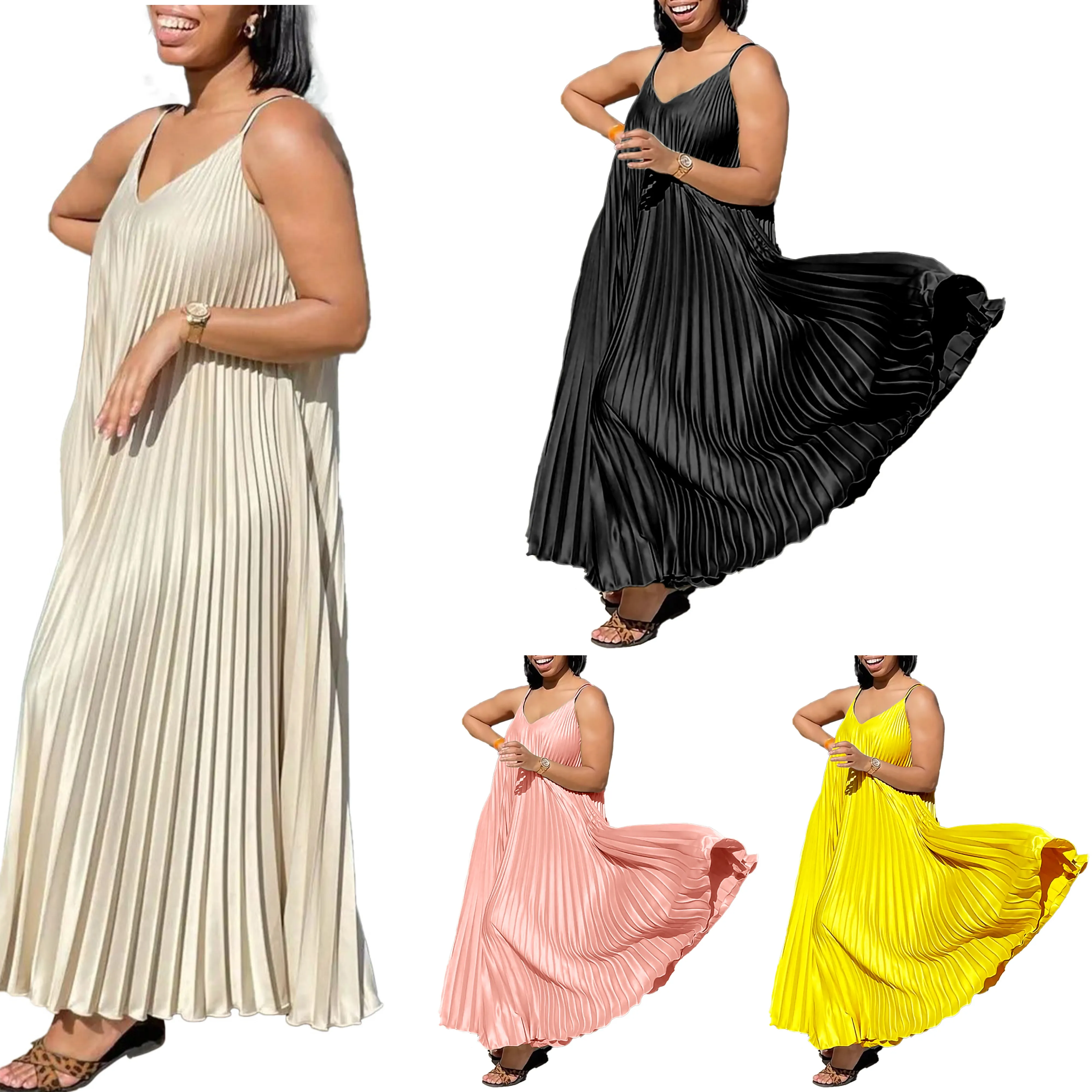 Mới Nhất Thiết Kế Mùa Hè Lỏng Lẻo Casual Dresses Cho Phụ Nữ V Dây Đeo Cổ A-Line Trượt Dài Dresses Phụ Nữ Rắn Kỳ Nghỉ Pleated Dress