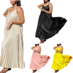 Latest Design Loose Summer Casual Dresses For Women V-Neck Strap A-line Slip Long Dresses Women Solid Vacation Pleated Dress