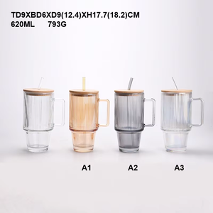 Bicchiere in Vetro Grigio Fumo da 600ml <span class=keywords><strong>con</strong></span> Strisce Decorative, Tazza per Bevande Fredde, Acqua, Succo <span class=keywords><strong>con</strong></span> Coperchio e Cannuccia - Product Image 2