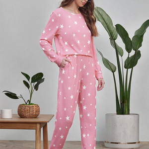 Private Label Women Winter ODM 2 Pieces Elastic Waist Knitted Casual Long Sleeve Soft Breathable Pajama Set - Product Image 3