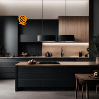 Système d'armoires de cuisine Shinestone moderne noir mat avec îlot en bois pour projets de villas de luxe