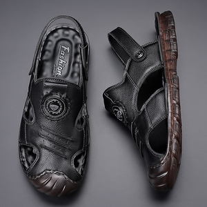 Sandales d'été en cuir pour hommes, double usage, en cuir véritable, fabriquées à la main, avec embout renforcé, antidérapantes, tendance, respirantes, pour la plage - Product Image 4