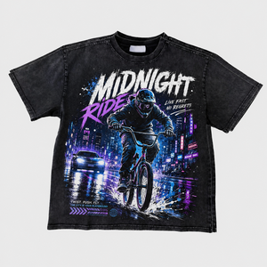 เสื้อยืดลายกราฟิกนักปั่น BMX สไตล์วินเทจ สีดำฟอกทรงโอเวอร์ไซส์ ทรงบ็อกซี่ สตรีทแวร์สีนีออน เนื้อผ้าหนา เสื้อยืดผู้ชายจากโรงงาน - Product Image 1