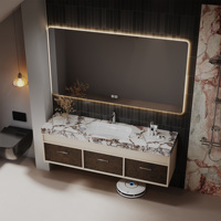 Meuble-lavabo de salle de bain moderne suspendu avec plateau en pierre frittée, ensemble de meuble en bois massif, miroir LED intelligent, lavabo simple ou double