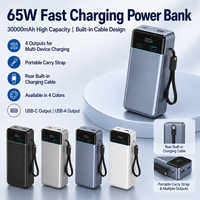 Batterie externe 30000mAh 65W à charge rapide avec câble intégré, chargeur portable 4 sorties USB-C pour téléphone, tablette, ordinateur portable