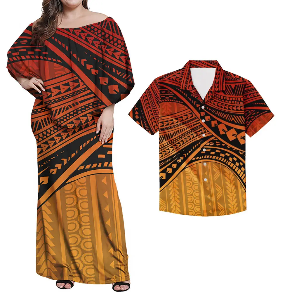 Off Shoulder Dress Shirts Women Polynesian Tribal Hawaii Print New Women Dress Shirt Casual Matching Clothes For Couples