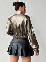 Veste de costume de danse hip pop pour femmes à col montant, blouson d'aviateur brillant en métal à longueur coupée avec fermeture éclair